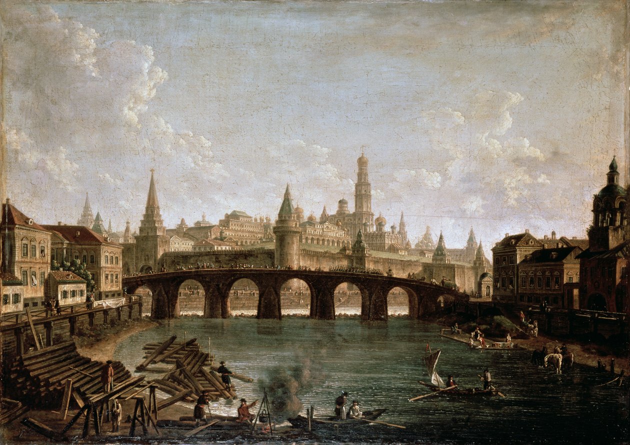 Utsikt over Kreml og Kamenny-broen i Moskva, 1810-tallet av Fedor Yakovlevich Alekseev