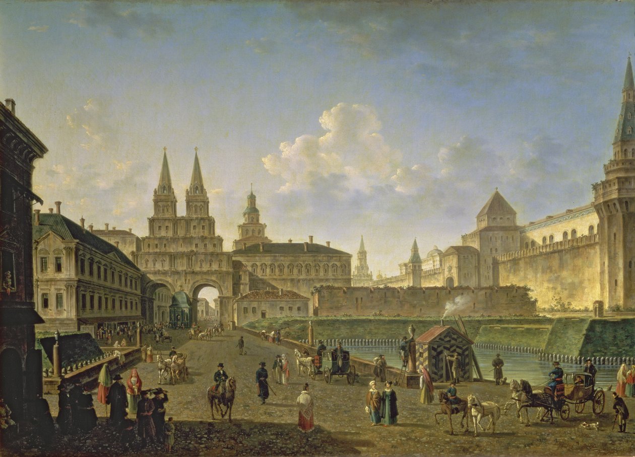 Utsikt over Voskresensky- og Nikolsky-portene og Neglinny-broen fra Tverskay Street i Moskva, 1811 av Fedor Yakovlevich Alekseev