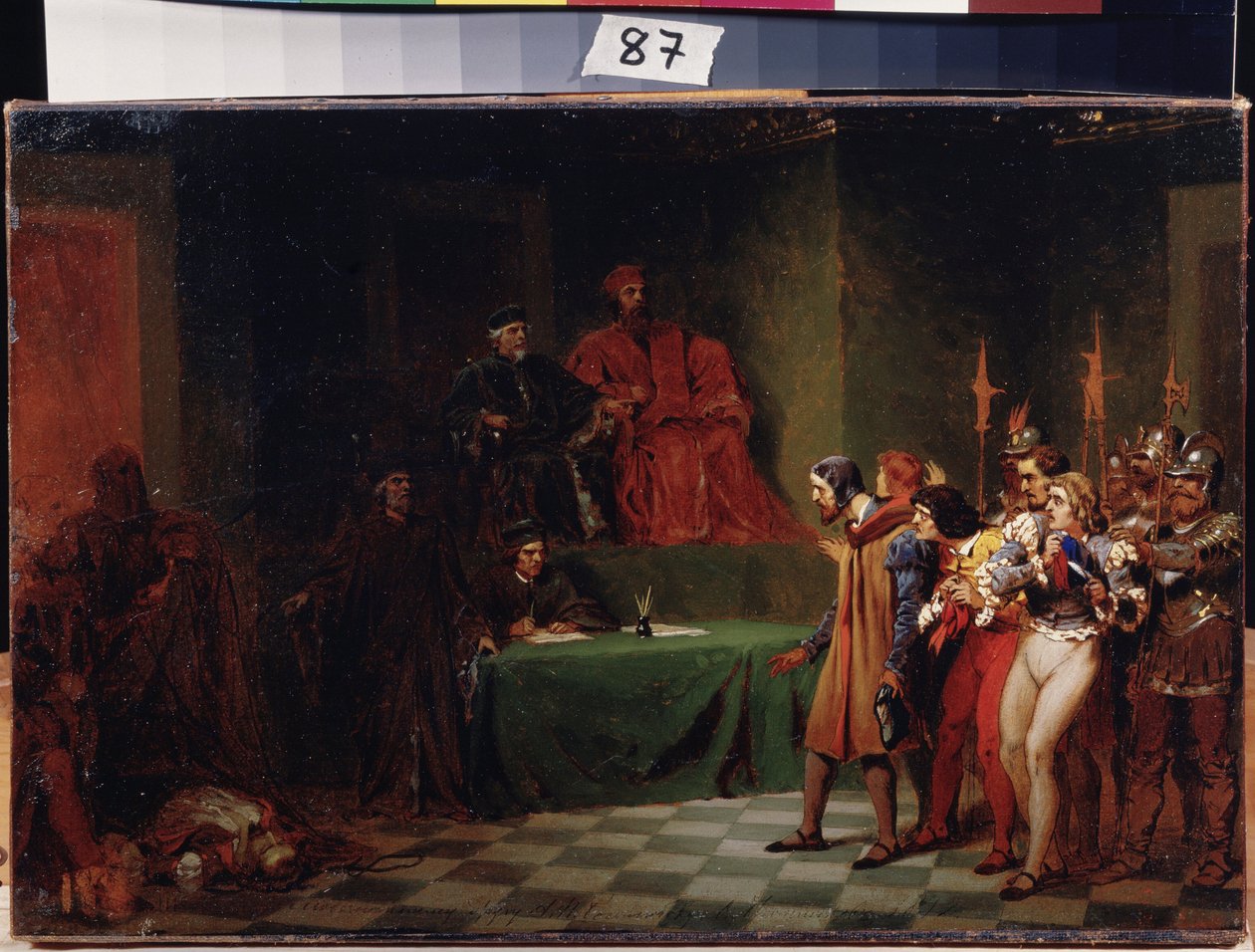 Mosaikkkunstnere før råd av tre i Venezia (Italia) (mosaikkkunstnere før råd av tre i Venezia). Maleri av Feodor Andreyevich Bronnikov (1827-1902). Olje på lerret, før 1886, 25,5 x 37,5 cm, russisk kunst. Statens A. Radishchev kunstmuseum, av Fedor Andreevich Bronnikov
