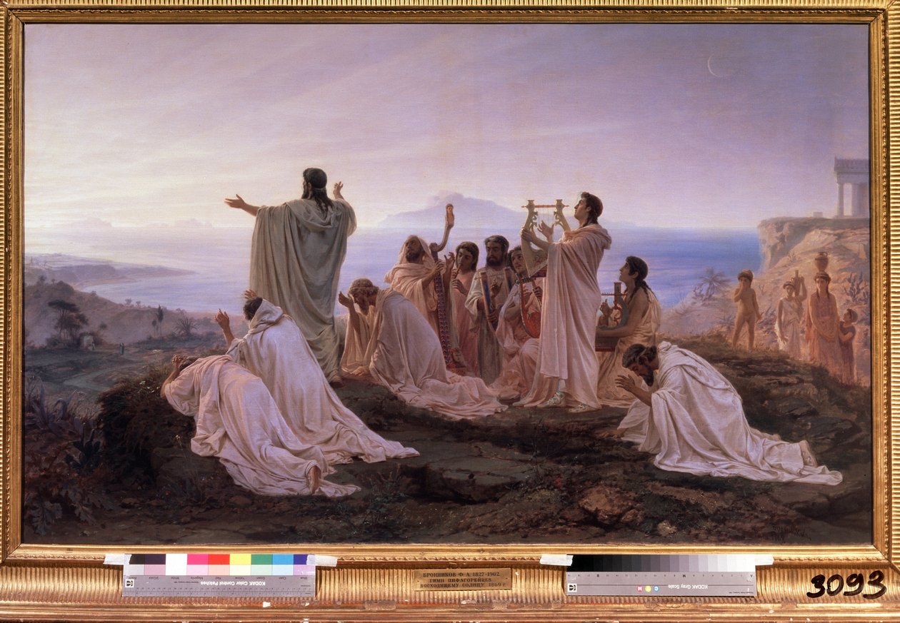 ""The Hymn to the Rising Sun of Pythagoras"" Rituell seremoni i antikkens Hellas inspirert av Pythagoras teorier knyttet til musikk og stjernene. Maleri av Feodor Andreyevich Bronnikov (1827-1902) 1869 State Tretyakov Gallery Moskva av Fedor Andreevich Bronnikov