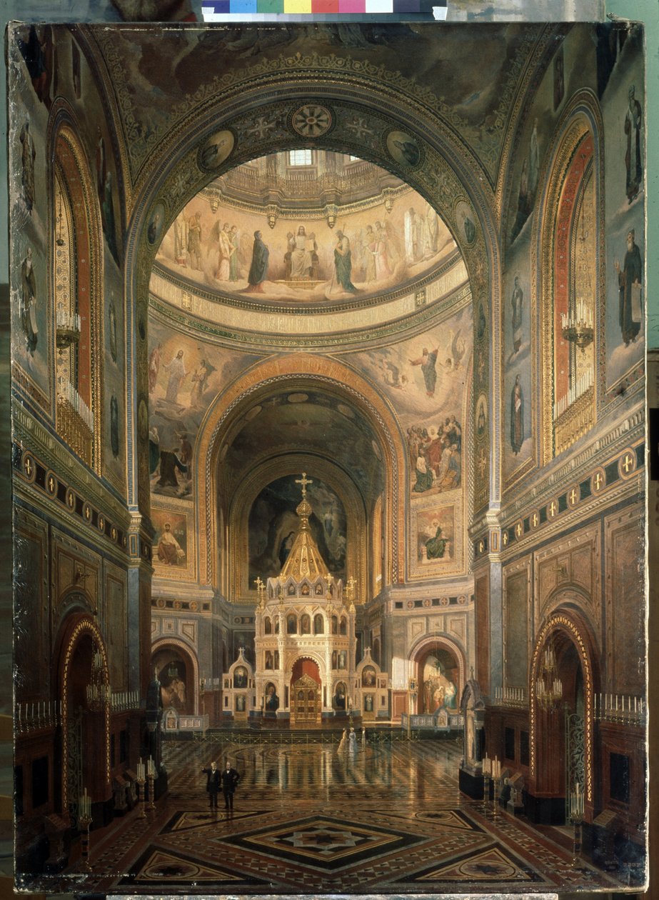 Innvendig utsikt over katedralen Kristus Frelseren i Moskva. (Interiørutsikt over katedralen Kristus Frelseren i Moskva) - Bygget mellom 1839 og 1883, av arkitekten Constantin Thon (Ton) - Beskrivelse av arkitekturen og dekorasjonen - Maleri av Fedor Andreevich Klages