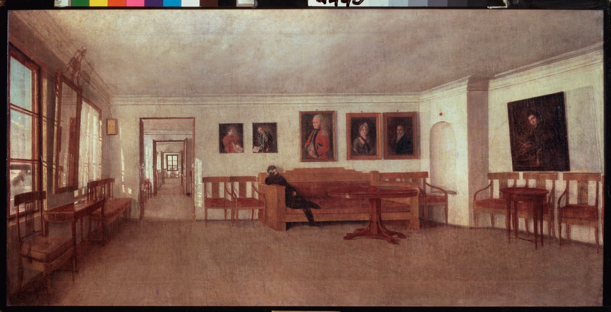 Interiør av A Semenskys hus nær Tver (Russland) - Interiør av A Semenskys hus nær Twer - Maleri av Fjodor Mikhailovich Slavyansky (1819-1876), olje på lerret - russisk kunst av Fedor Mikhailovich Slavyansky