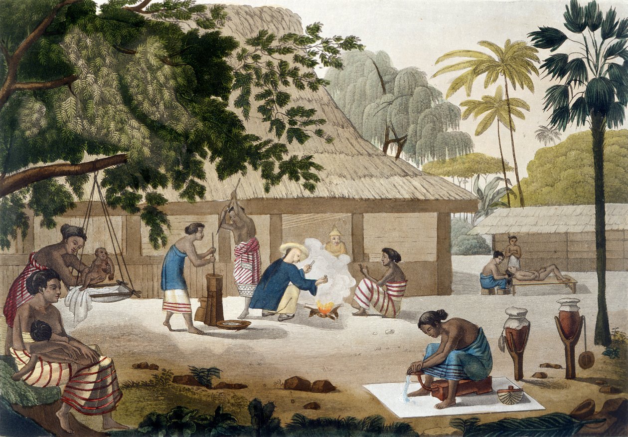 Husliv i Kupang, Timor, plate 10 fra 'Le Costume Ancien et Moderne' av Jules Ferrario, utgitt ca. 1820-30-tallet av Felice Campi