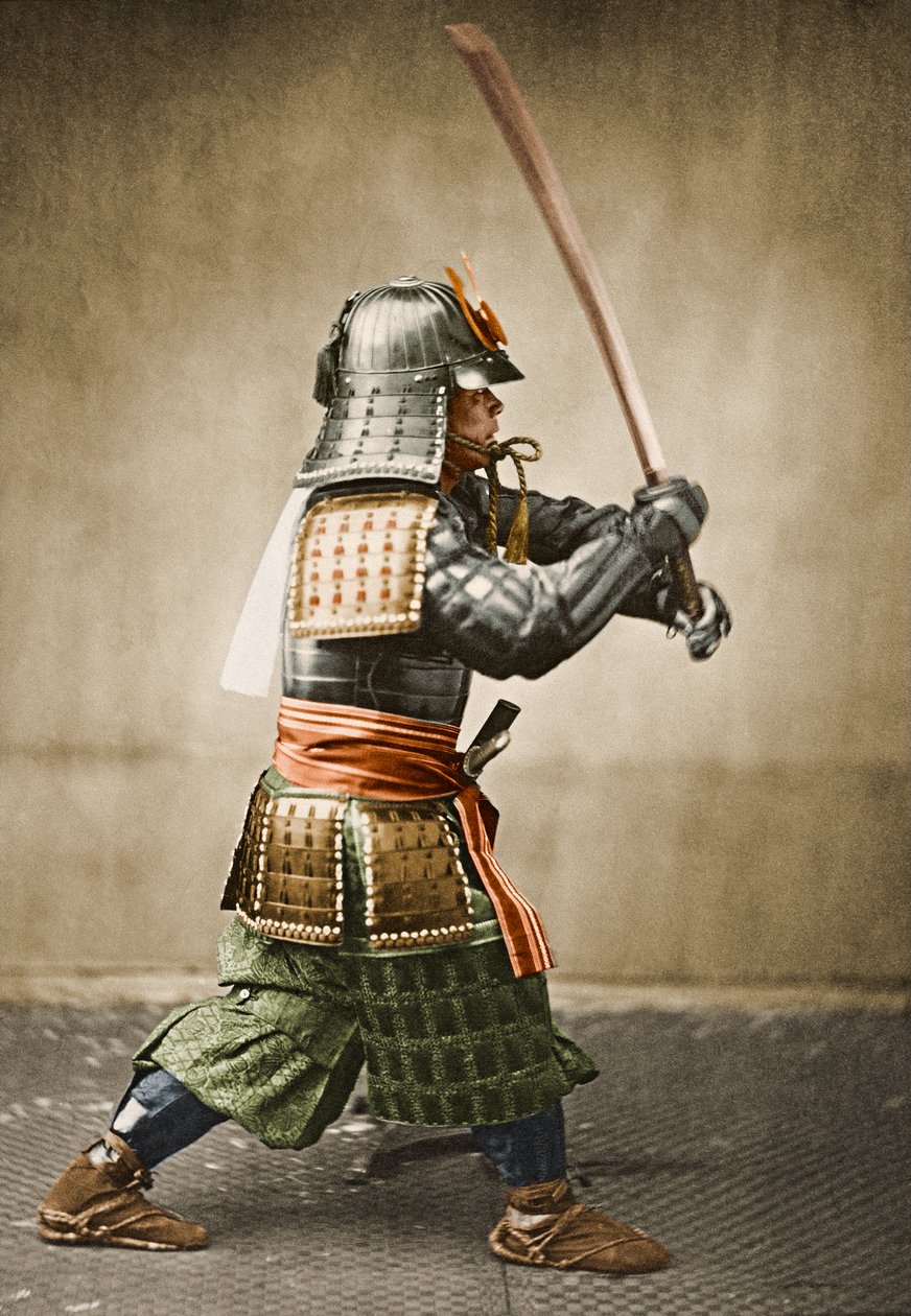 Samurai-kriger iført rustning med hevet sverd, ca. 1860 (albumfotografi) av Felice Beato
