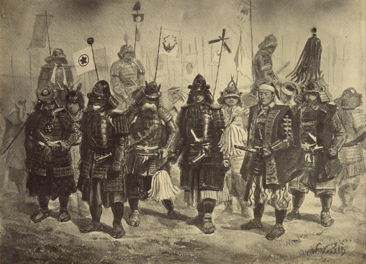Fotografisk kopi av en tegning av japanske krigere av Charles Wirgman av Felice Beato