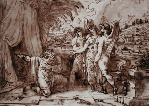 Abraham og englene (penn og brunt blekk, brun vask over blyant på papir) av Felice Giani