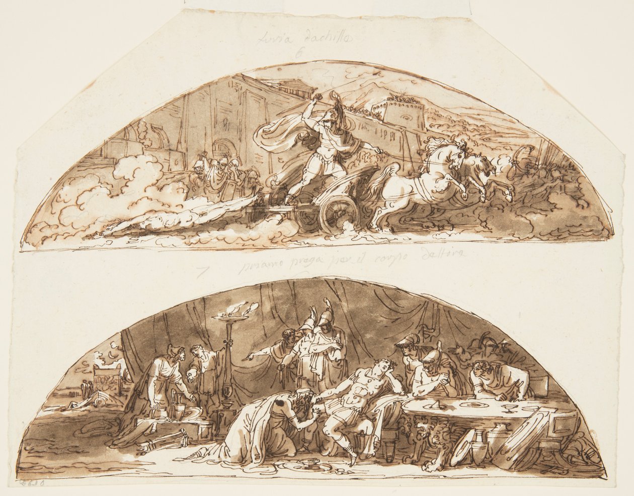 Achilles drar kroppen til Hector rundt Walls of Troy, Priam ber om kroppen til Hector, takdesign for Galleria di Achille, Palazzo Milzetti, Faenza, Italia av Felice Giani