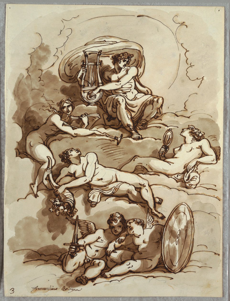 Apollo med lyre, berømmelse, overflod, skjønnhet og to putti på skyer, studie etter Marcantonio Franceschini av Felice Giani