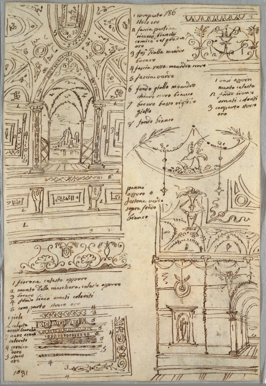 Dekorative studier; Verso: Anatomiske studier av Felice Giani