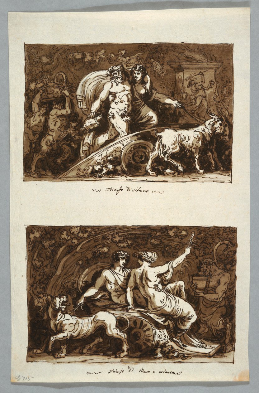 Tegning, ark fra en skissebok: Silenos#39; triumf og Bacchus#39; og Ariadnes triumf, 1800–1802 av Felice Giani