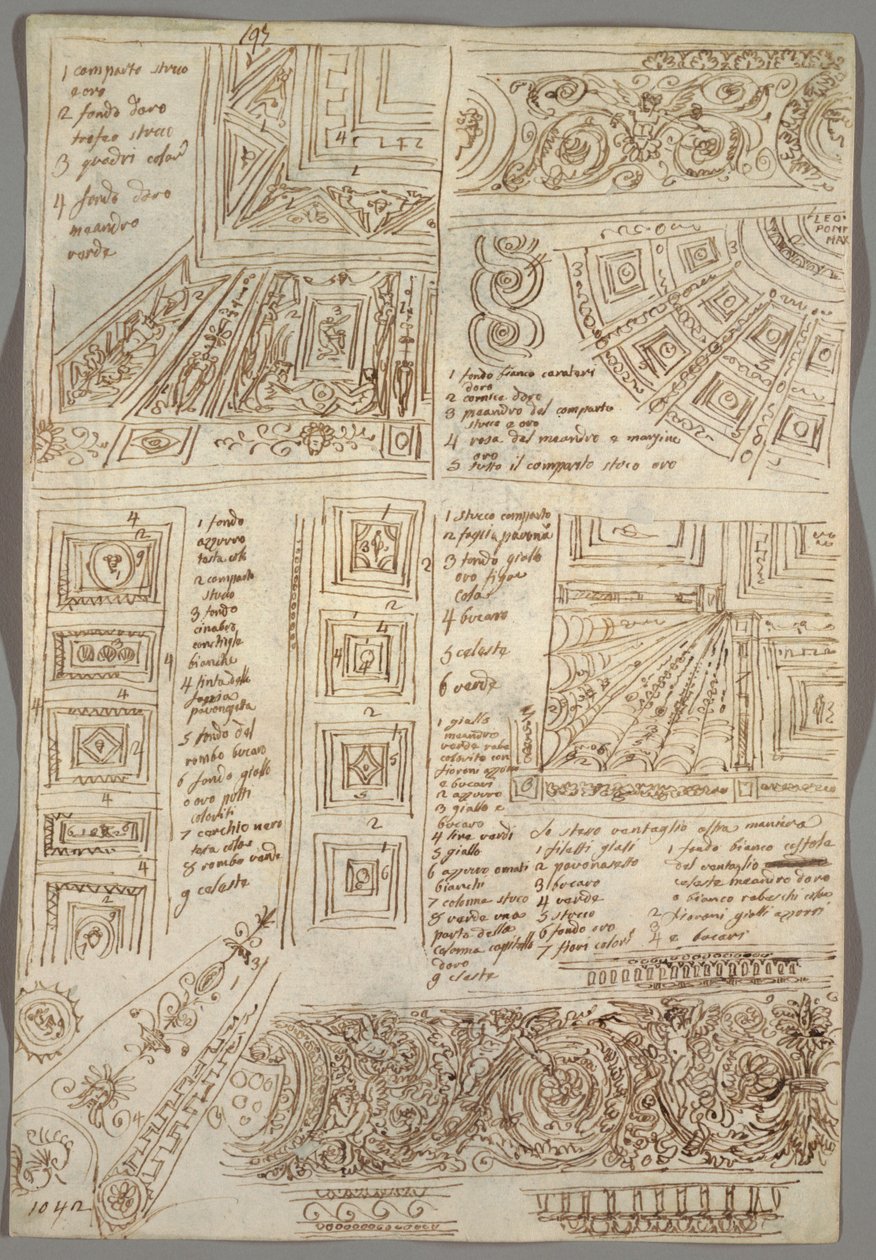 Fire dekorative studier av tak; Verso: Anatomiske studier av Felice Giani