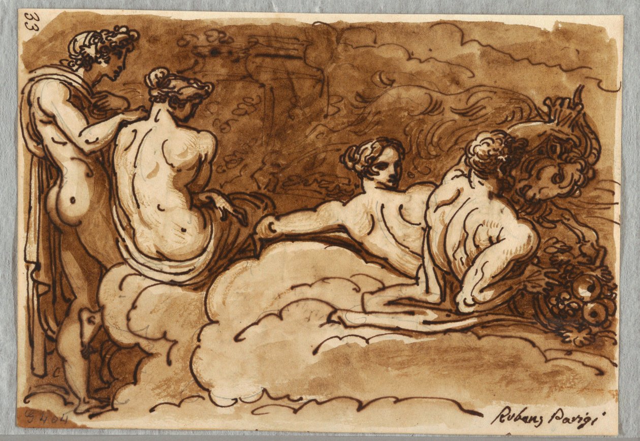 Fire figurer med en geit, på skyer, studie etter Rubens av Felice Giani