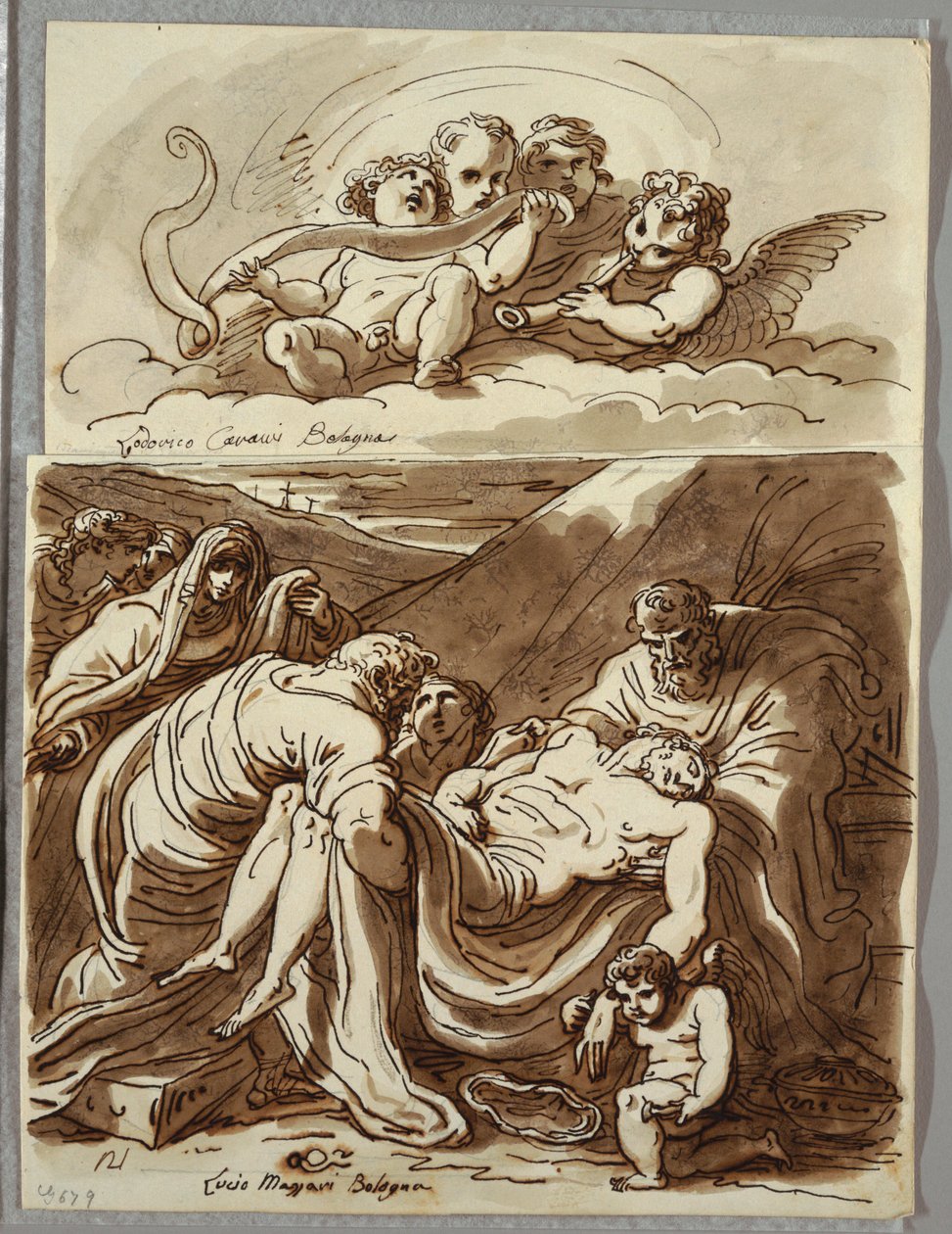 Fire Putti som lager musikk, studie etter Lodovico Carracci; Kristus, Studer etter Massari av Felice Giani