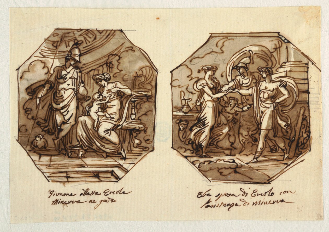 Juno Suckling Hercules, Hebe gifter seg med Hercules med hjelp av Minerva, designet for Sala di Ercole e Ebe, Palazzo Gaddi, Forli. av Felice Giani
