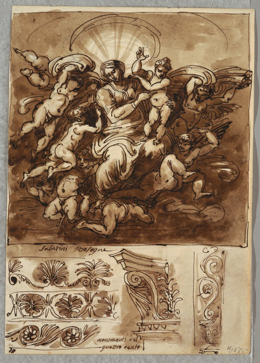 Madonna in Glory, Study after Bartolomeo Passeroti Bologna; Arkitektoniske detaljer av Felice Giani