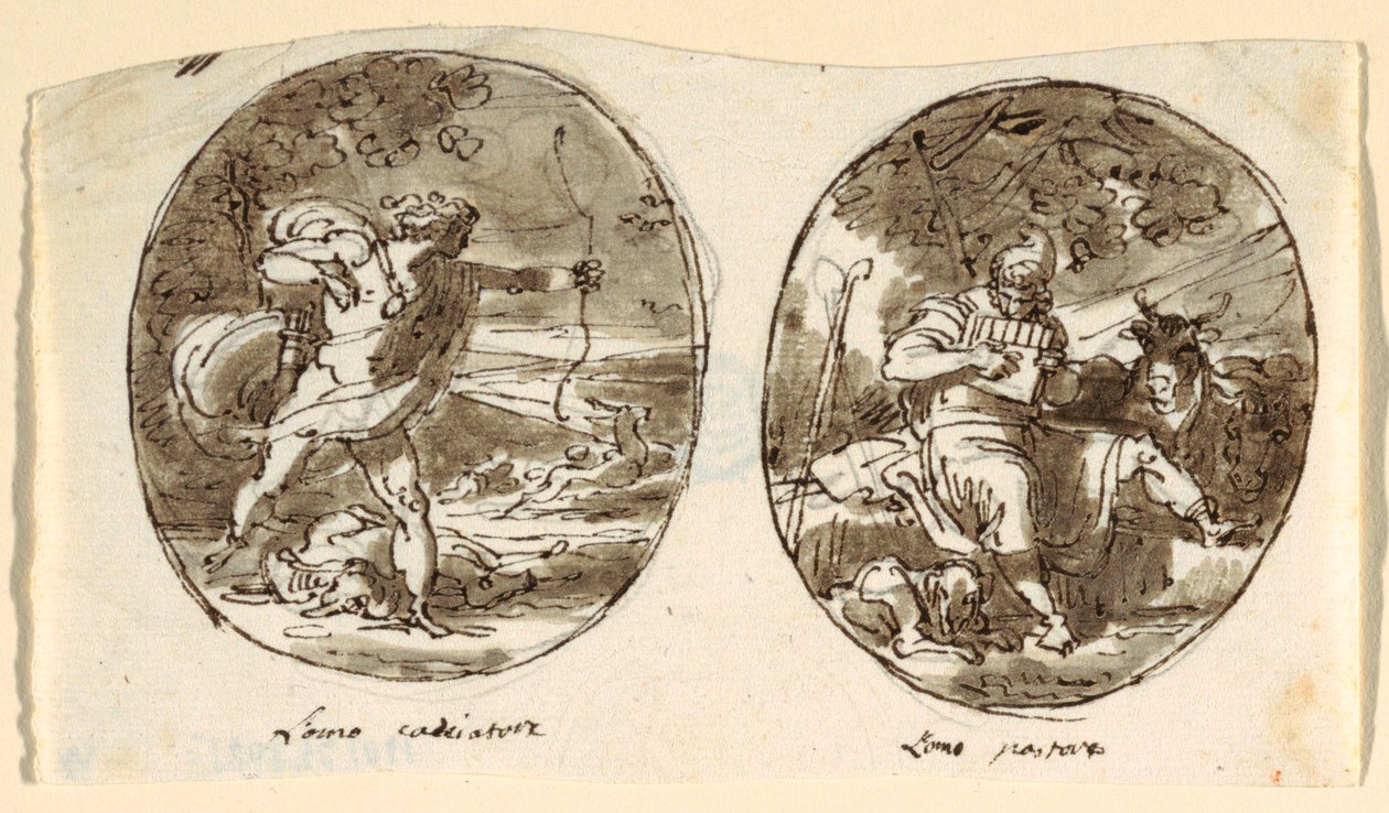 Man the Hunter, Man the Shepherd, Design for hvelvet tak, Sala dei Legislatori, Palazzo Conti-Sinibaldi, Faenza av Felice Giani