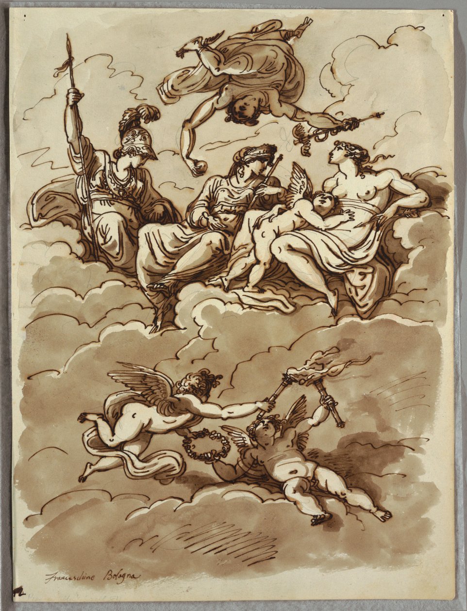 Minerva, Merkur, Juno og Venus på skyer, studie etter Marcantonio Franceschini av Felice Giani