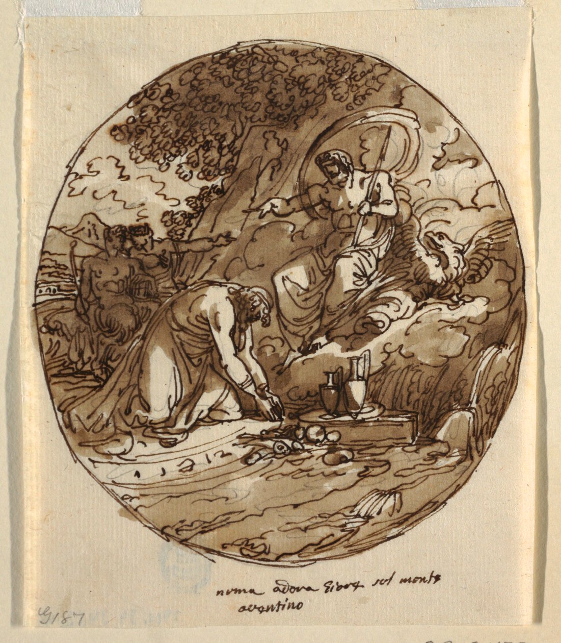 Numa Pompilius tilber Jove på Aventine, takdesign for Sala di Numa Pompilius, Palazzo Milzetti, Faenza av Felice Giani