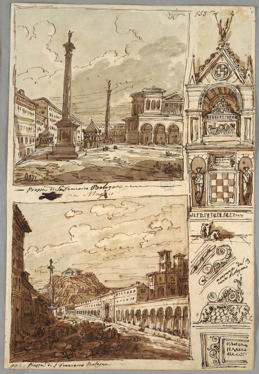Piazza San Domenico i Bologna; Piazza San Francesco og Villa Aldini i Bologna; Studie av Tomb of Glossators av Felice Giani