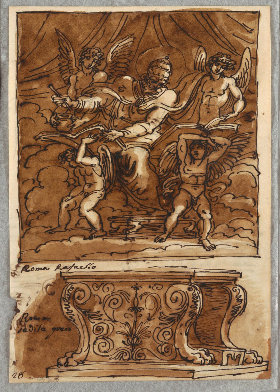 Pave Gregorio VII og fire engler, studie etter Raphael "Personer av pavedømmet"; Antik benk av Felice Giani