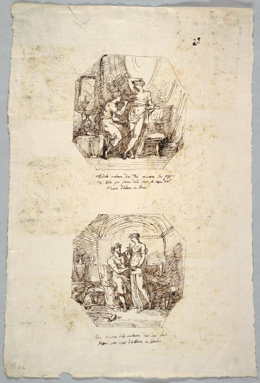 Prosjekt for to åttekantede malerier: Daedalus bruker Breasts of Hebe som modell for skål for Jupiter. Hebe mottar denne skålen fra ham. av Felice Giani