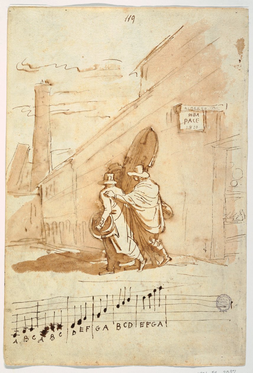 Rekto: Tre musikere foran Albergo Della Pace, 1810 av Felice Giani