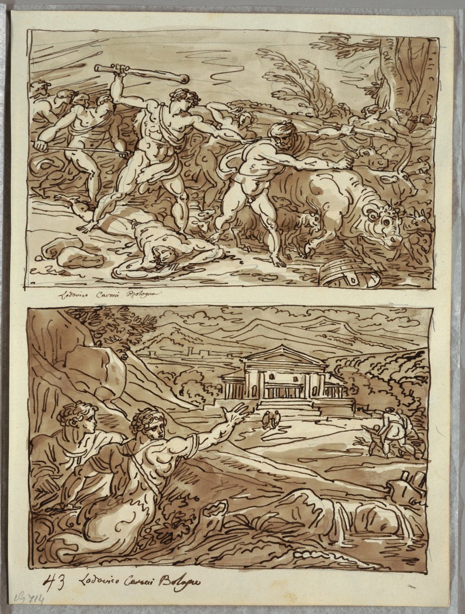 Remus kjører bort og dreper røverne av flokkene; Santuary for the Fugitives on the Campidoglio, to studier etter Carracci av Felice Giani
