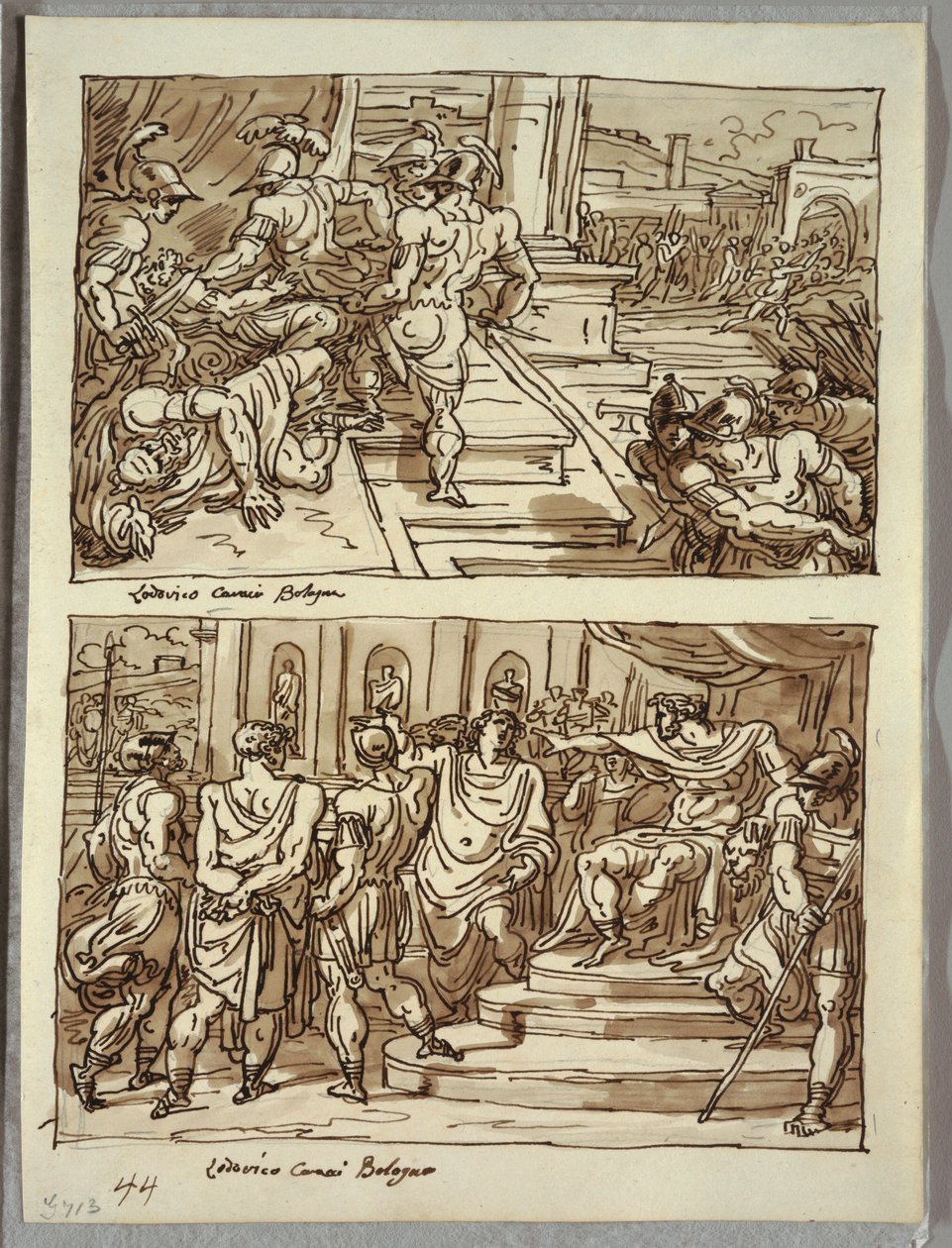 Remus dreper kong Amulius; Remus ledet i lenker foran kong Amulius; To studier etter Carracci av Felice Giani