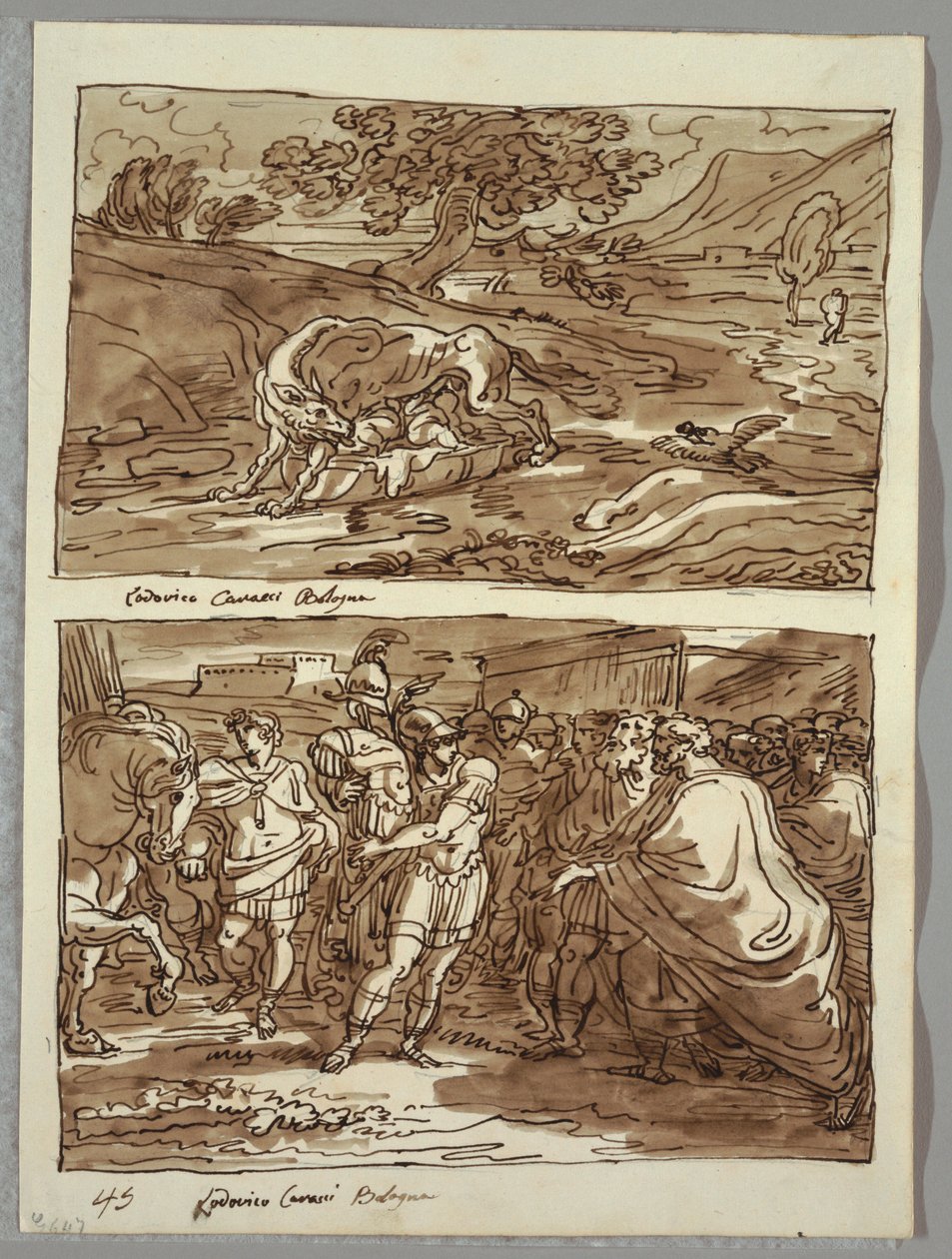 Romulus og Remus die ulven; Romulus dedikerer til Jove Feretrius byttet til den erobrede kong Acronius, to studier etter Carracci av Felice Giani