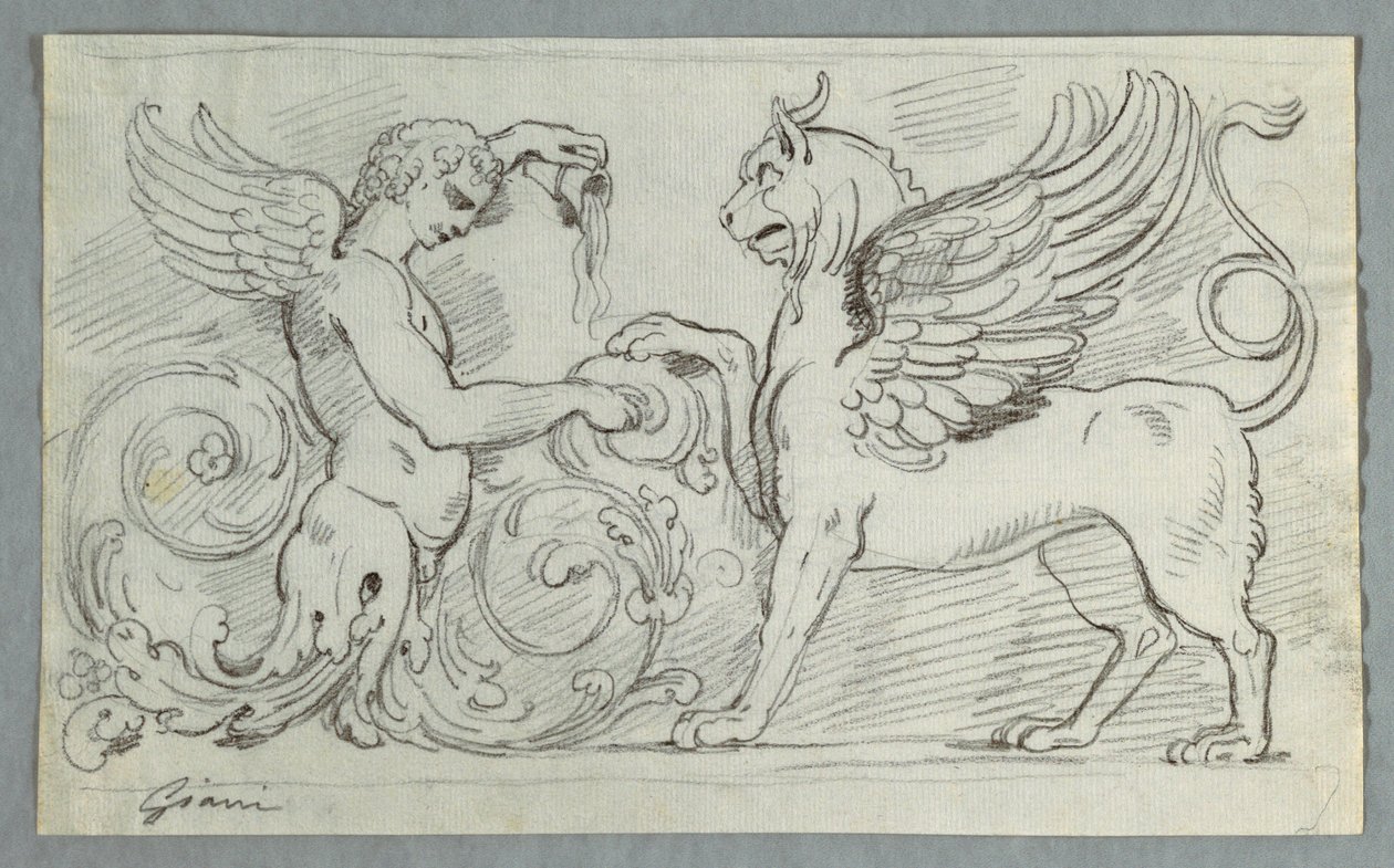 Skulpturfrise med halvfigur av Winged Boy og Griffon av Felice Giani