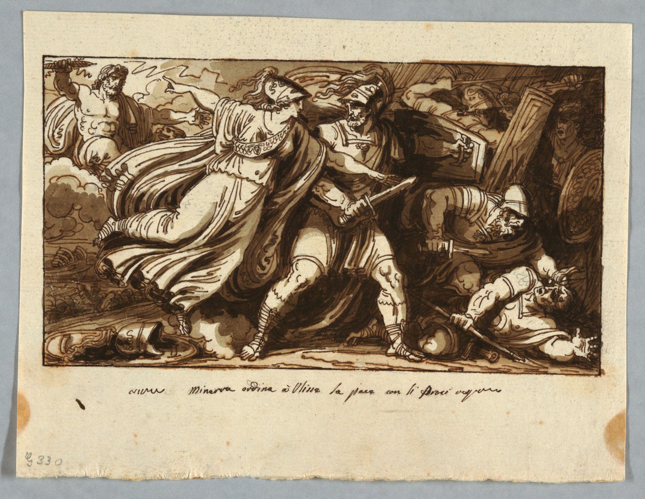 Ark fra en skissebok: Minerva beordrer Ulysses til å slutte fred med frierne til Penelope (Minerva inducerer Ulisse alla pace con i Proci) av Felice Giani