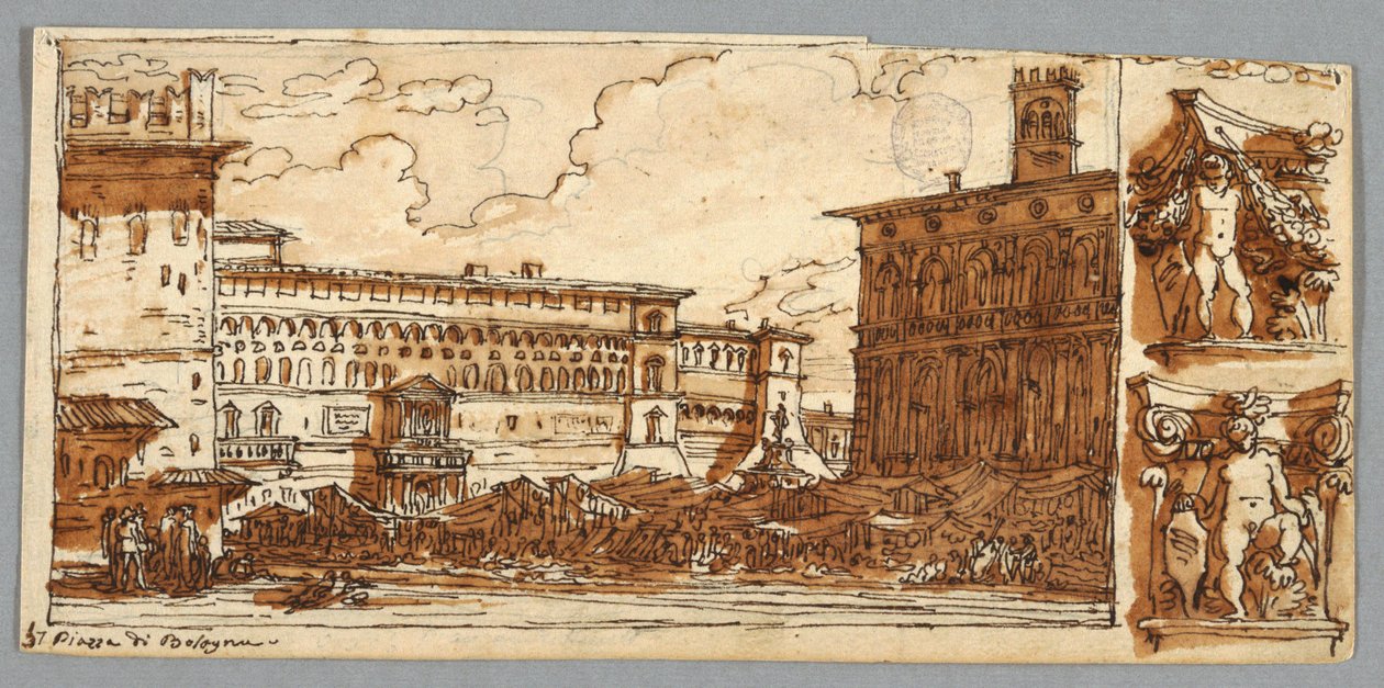 Skissebokside, Folio 57: Studie etter Piazza Emmanuelle i Bologna; Verso, arkitektonisk detalj av Felice Giani
