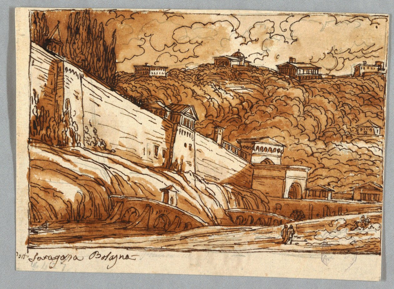 Skissebokside, Folio 57: Studie etter Porta di Saragossa i Bologna; Verso, arkitektoniske detaljer av Felice Giani
