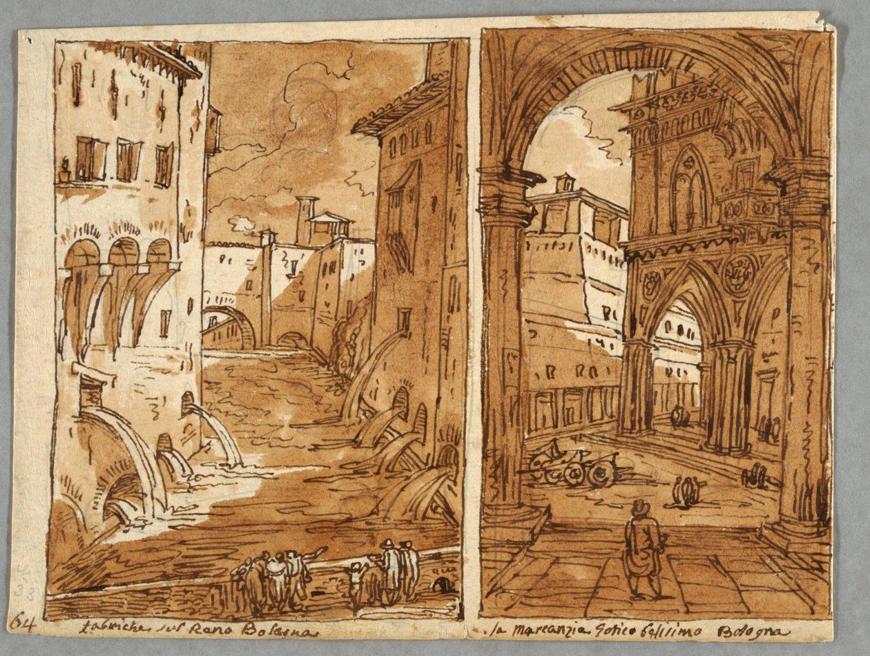 Skissebokside, Folio 64: Studie etter Bolognesisk arkitektur og skulptur; Verso: Geometriske design av Felice Giani