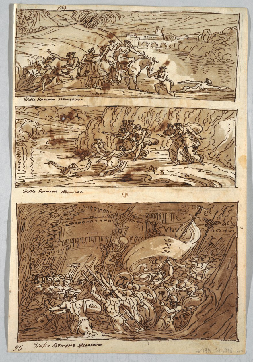 Skissebokside, Folio 95: Tre malerier etter Giulio Romano; Verso: Løve og ørn av Felice Giani