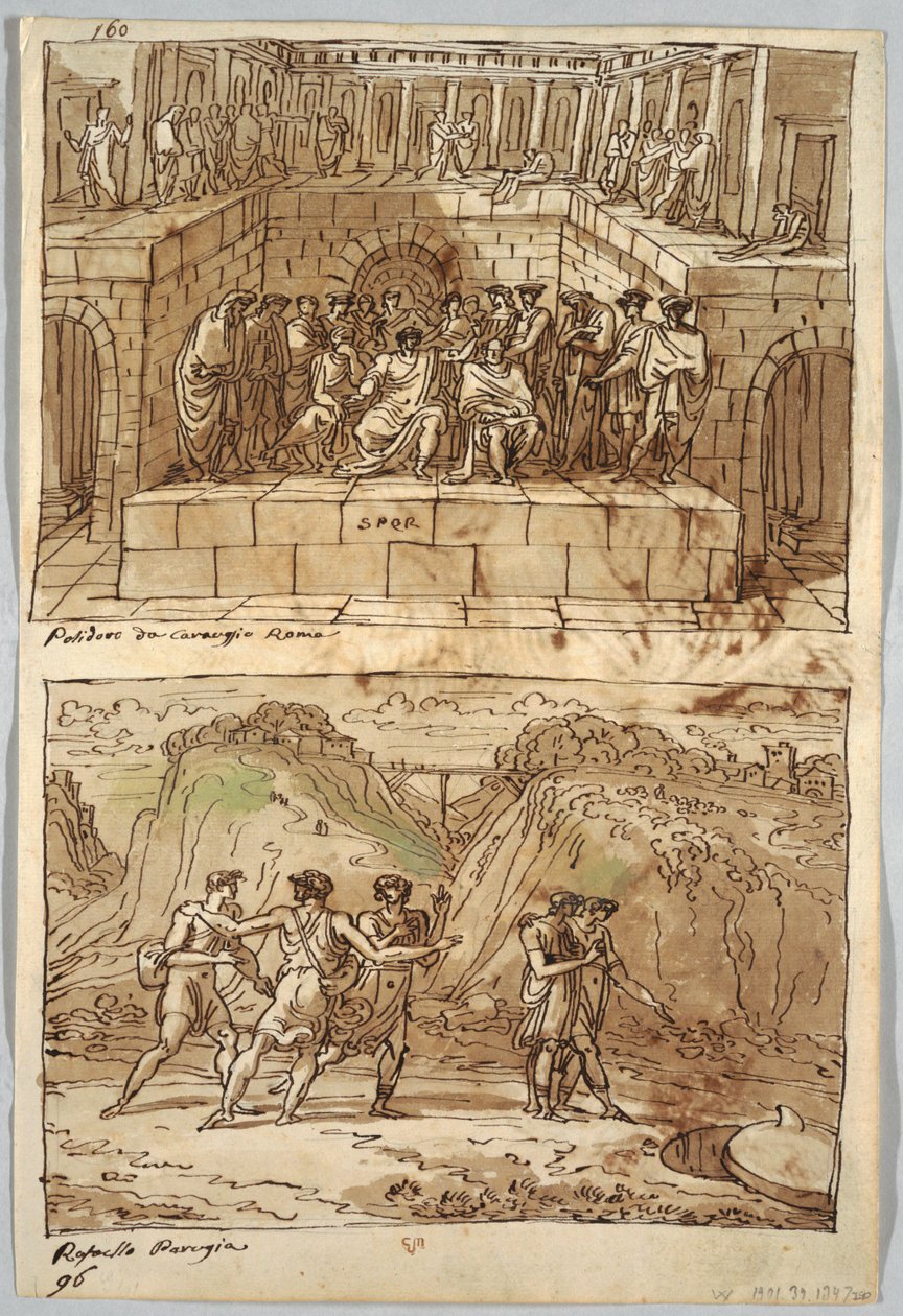 Skissebokside, Folio 98: To malerier etter Caravaggio og Raphael; Verso: Ørn og okse av Felice Giani