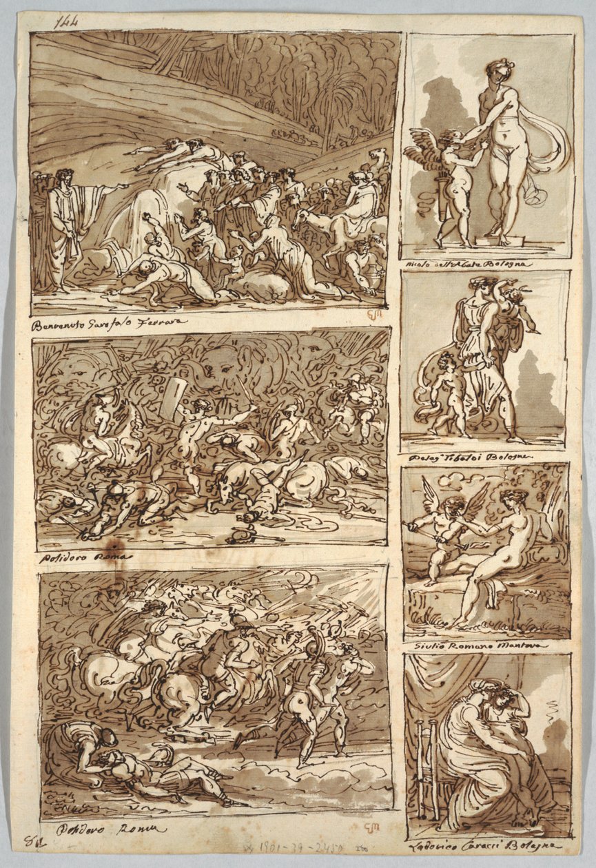 Skissebokside: Studier etter malerier i Ferrara, Roma, Bologna, Mantua etter kunstnerne Tibaldi, Raphael, Andrea del Sarto og Polidoro; Verso: Fugleskjelett og hestehode av Felice Giani
