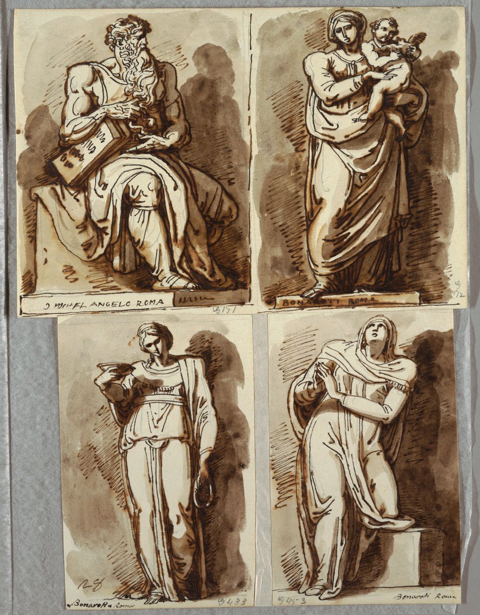 Studier etter fire statuer på graven til Julius II, etter Michelangelo: Moses; Madonna og barn; Leah, Dyd; Rachel, religion av Felice Giani