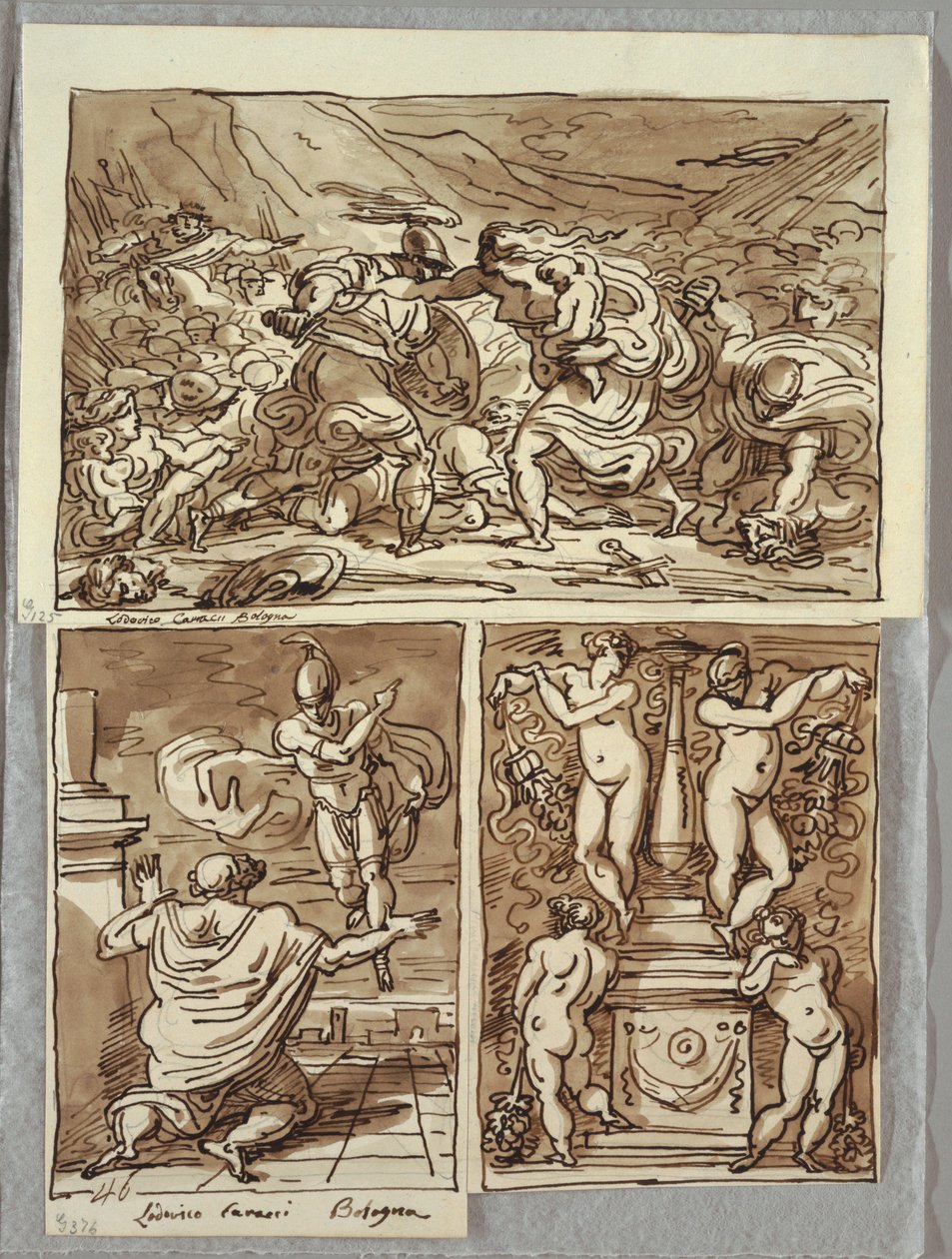 Kampen mellom romerne og sabinerne; Åpenbaring av Romulus til Proculus, to studier etter Carracci; Kandelaber av Felice Giani