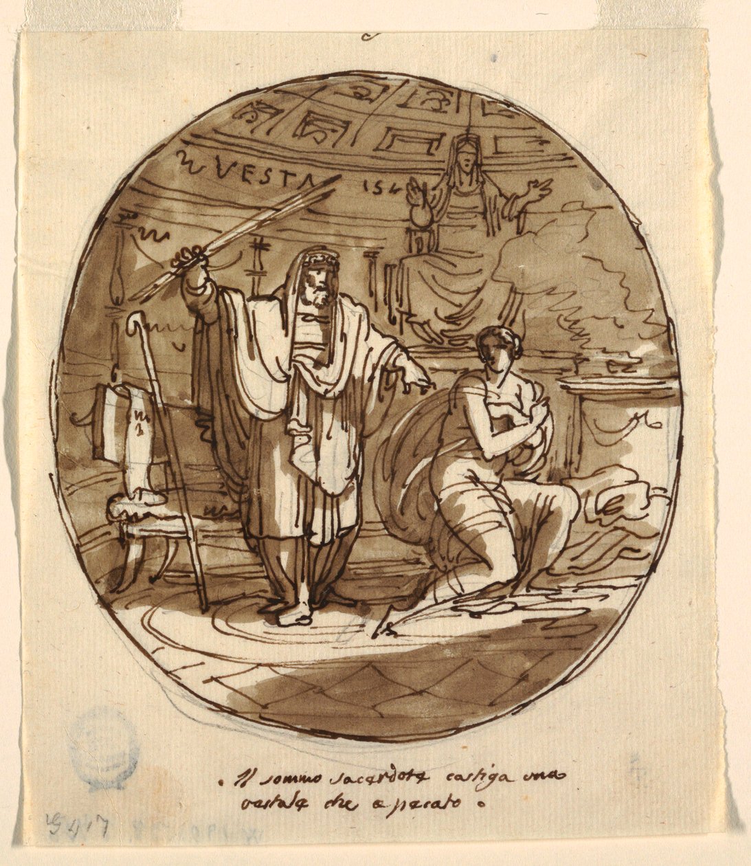 Ypperstepresten straffer en vestalsk jomfru, Hall of Numa Pompilius, Palazzo Milzetti, Faenza av Felice Giani