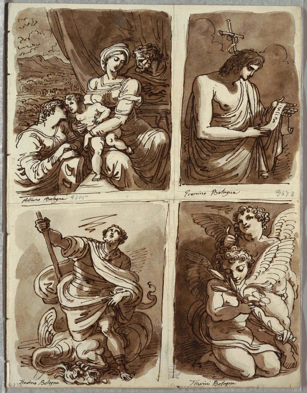 Den hellige familie med Saint Catherine; St. Johannes døperen, etter Guercino; St. George og dragen, etter Alessandro Tiarini; To Putti av Felice Giani