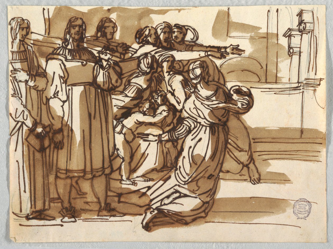 Prelaten og avføringsbærerne og kvinnene i nærheten av dem i "Expulsion of Heliodorus" etter Raphael Sanzio av Felice Giani