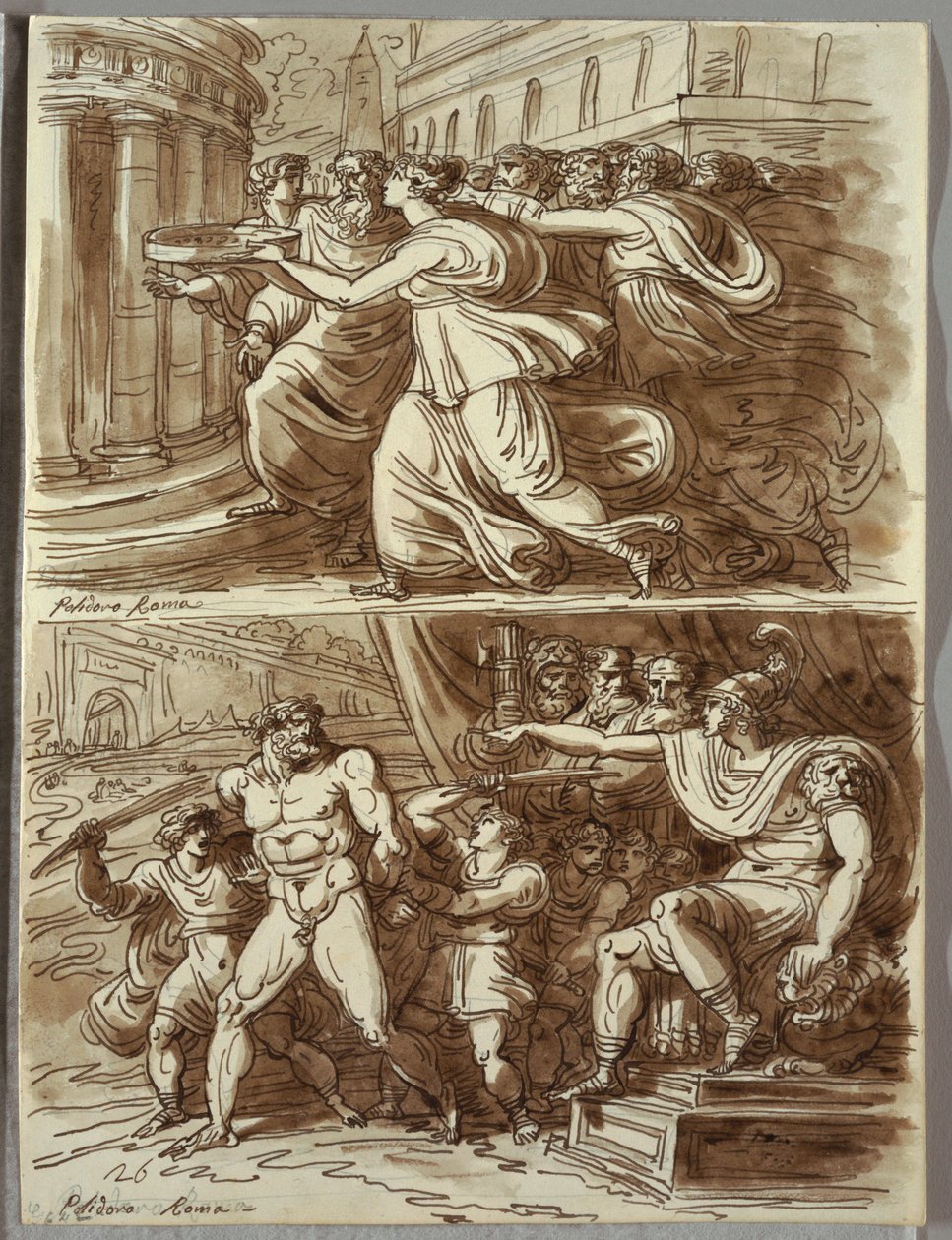 Vestal Tuccia bærer vann i sil; To studier etter Polidoro da Caravaggio av Felice Giani