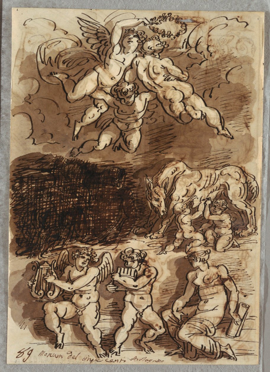 Tre Putti med krans; Romulus og Remus Breastfeeding fra She-Wolf; To Putti som spiller cymbaler av Felice Giani