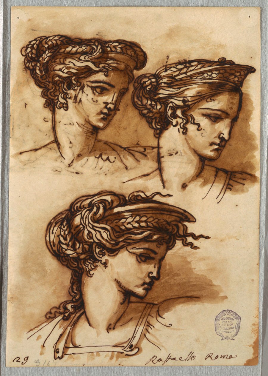 Tre studier av et hode med diadem og flettet hår, etter Raphael av Felice Giani