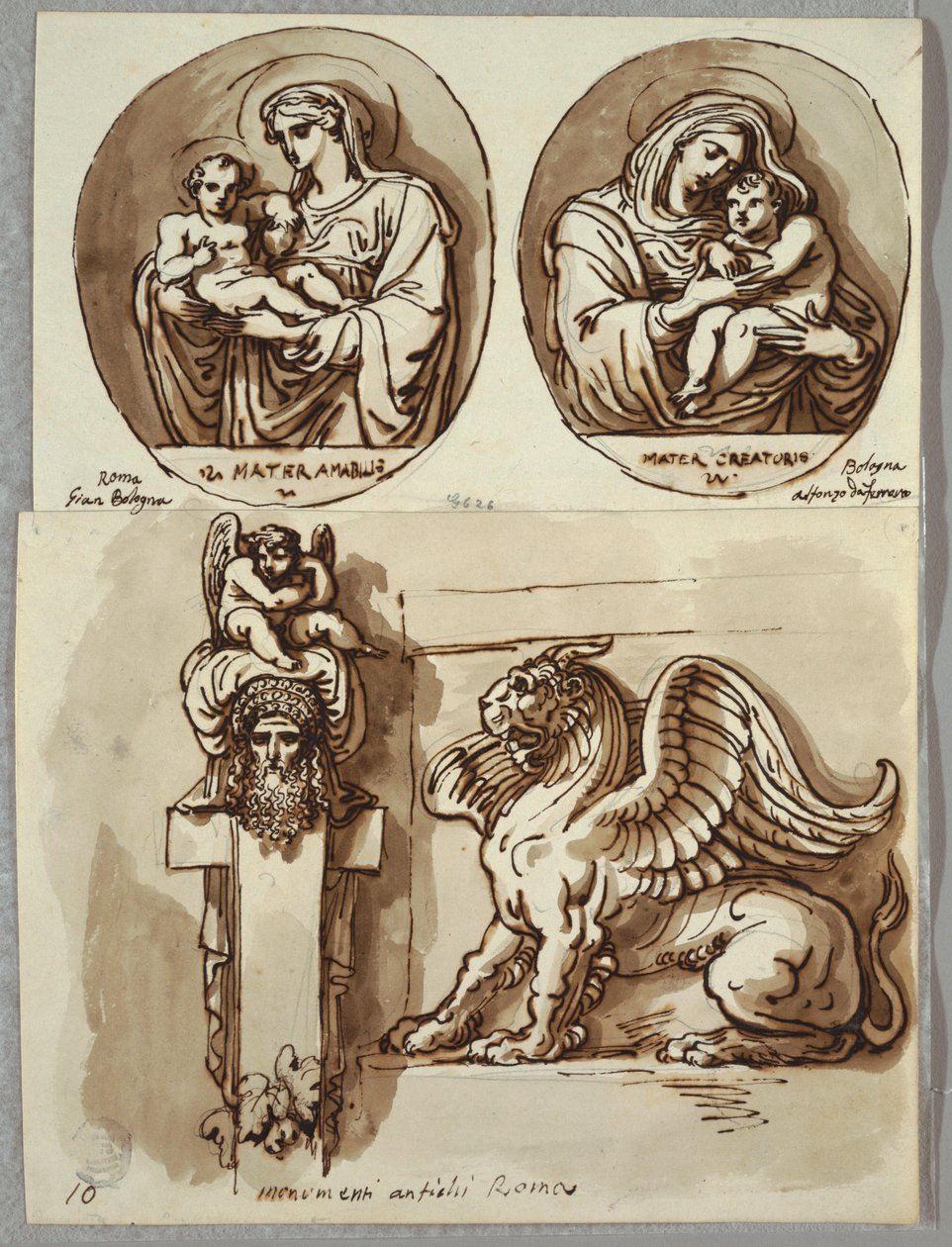 To tegninger av Madonna og barnet i ovaler, studier etter Giambologna og Alfonzo da Ferrero; Herm og Chimera, etter antikk av Felice Giani