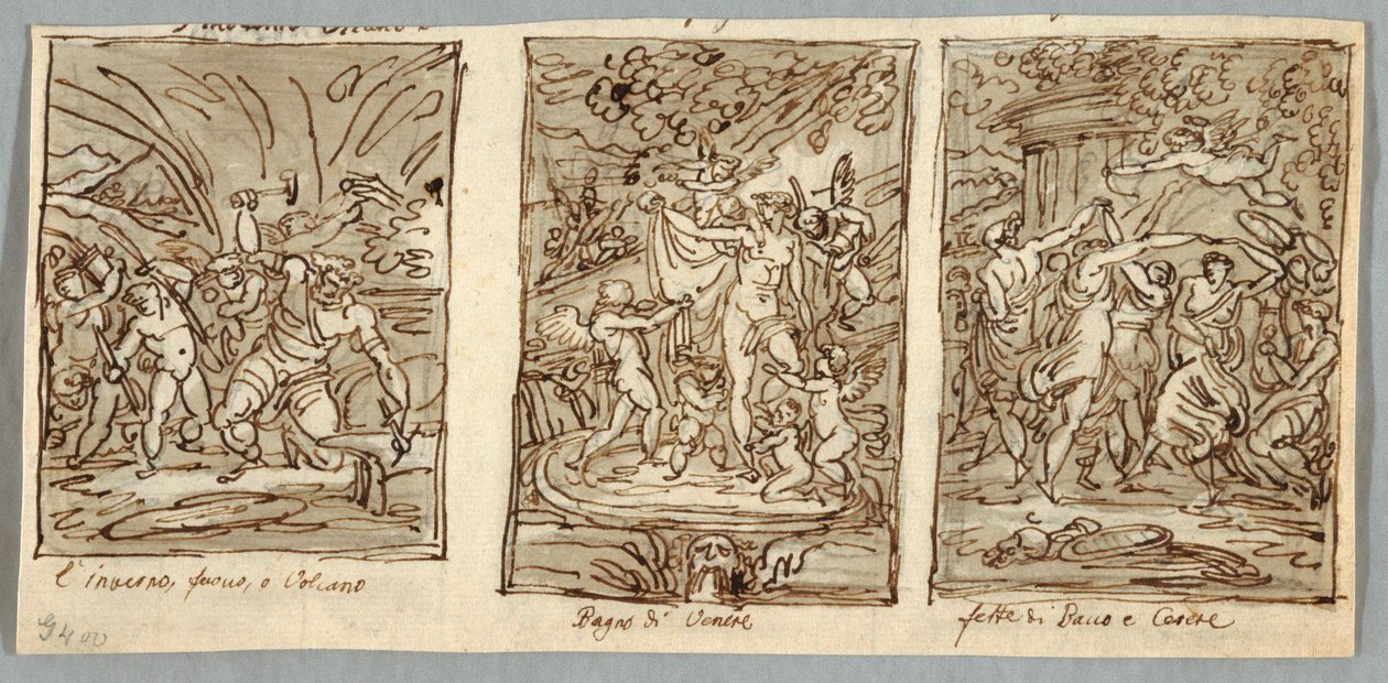 Vinter, Vulkanens smia, Våren, Venusbadet, Bacchus og Ceres sommerfester av Felice Giani