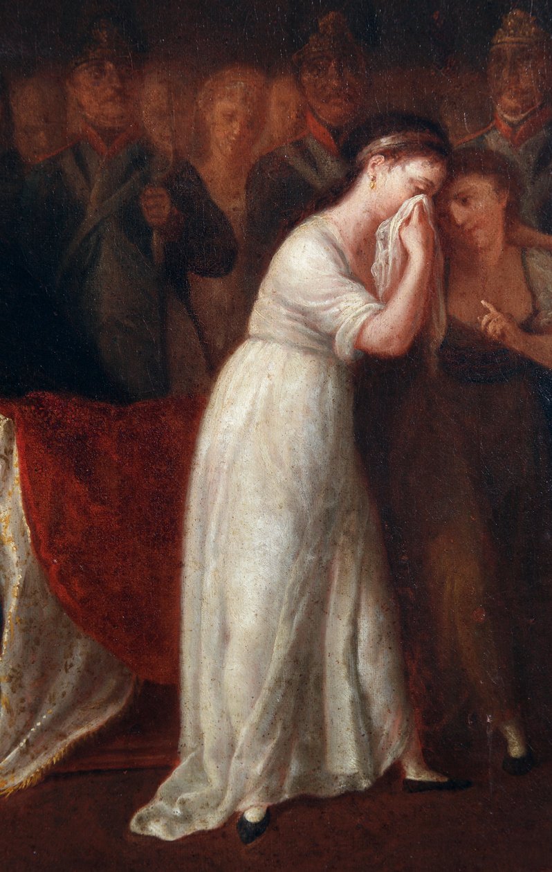 En kvinne som loven som styrer morens status i familien, underordnet mannens. Detalj av kunngjøringen av sivilloven eller koden til Napoleon Bonaparte 21.03.1804 (maleri av Felice Guascone