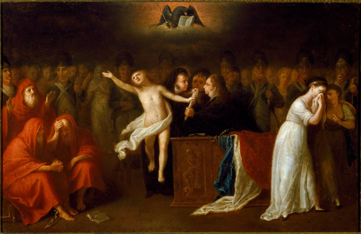 Med kunngjøringen av Civil Code eller Code of Napoleon Bonaparte (1765-1821) den 21/03/1804 som regulerer lovene mellom private personer, symboliserer kvinnene til høyre sannsynligvis loven som styrer morens status i familien, underordnet til av Felice Guascone
