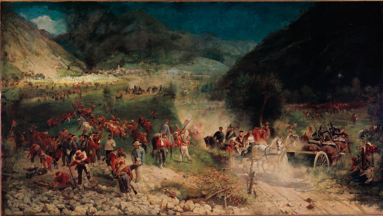 Den tredje italienske uavhengighetskrigen: "" slaget ved Bezzecca"" Den 21.07.1866 motarbeidet det liket av jegerne til Giuseppe Garibaldi mot den østerrikske hæren. Maleri av Felice Zennaro (1833-1926) Milano, Risorgimentos museum av Felice Zennaro